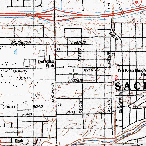 Topographic Map of Del Paso Heights Elementary School, CA