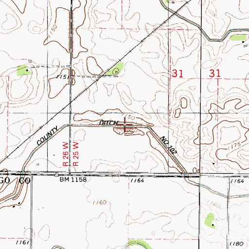 Topographic Map of County Ditch Number One Hundred Two, MN
