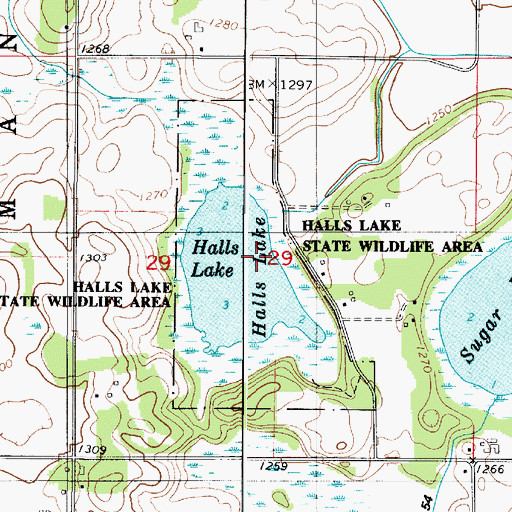 Topographic Map of Halls Lake State Wildlife Area, MN