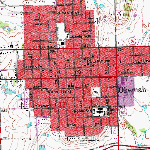 Topographic Map of Okemah Post Office, OK