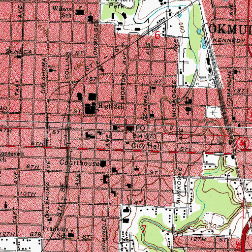 Topographic Map of Okmulgee Post Office, OK