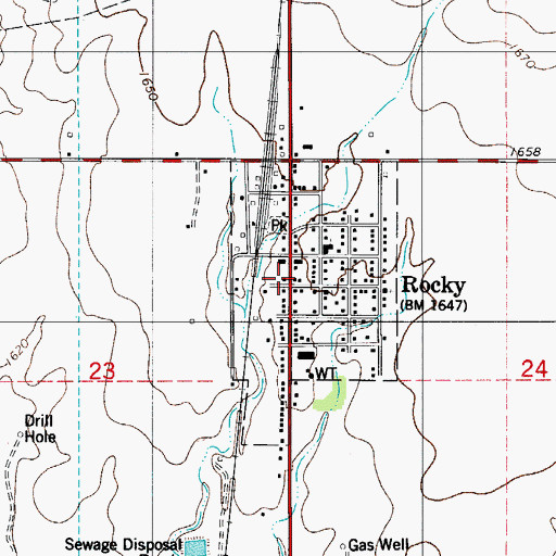 Topographic Map of Rocky Post Office, OK