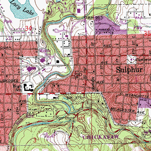 Topographic Map of Sulphur Post Office, OK