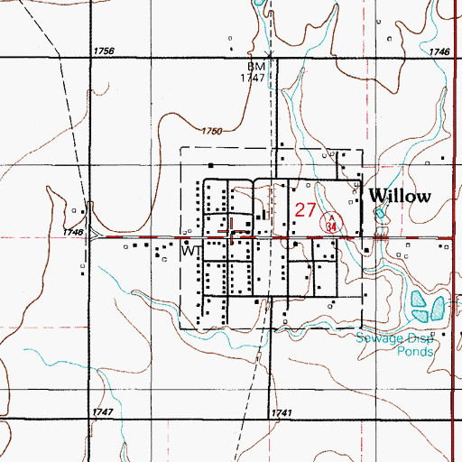 Topographic Map of Willow Post Office, OK