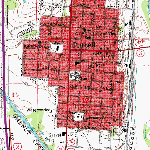 Topographic Map of Purcell Junior High School, OK