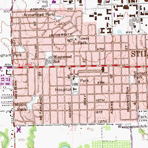 Topographic Map of Oklahoma Area Vocational Centers, OK
