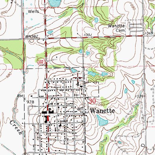 Topographic Map of Wanette High School, OK