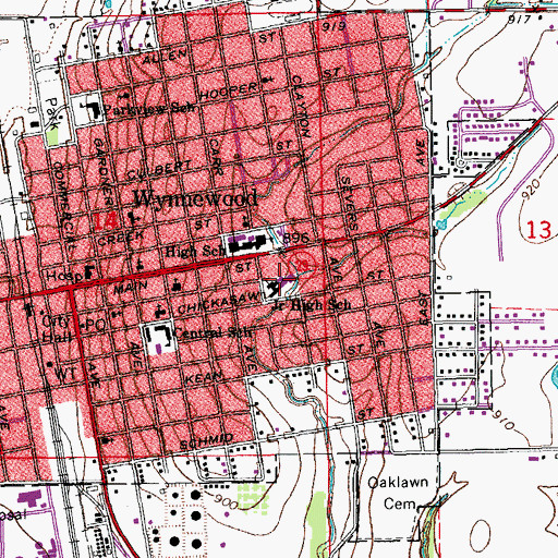 Topographic Map of Wynnewood Middle School, OK