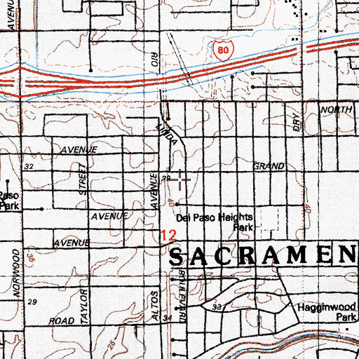 Topographic Map of Del Paso Heights Neighborhood Library, CA