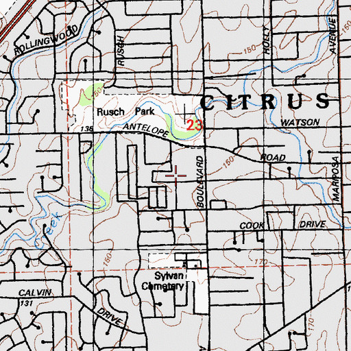 Topographic Map of Farmers Center Shopping Center, CA