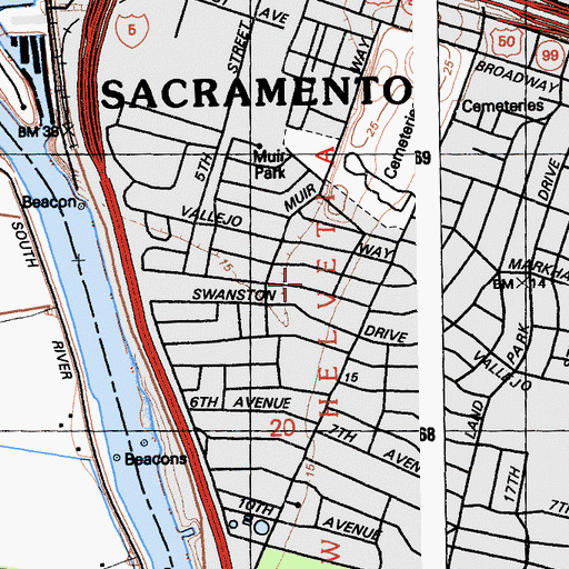 Topographic Map of Confucius Church of Sacramento, CA