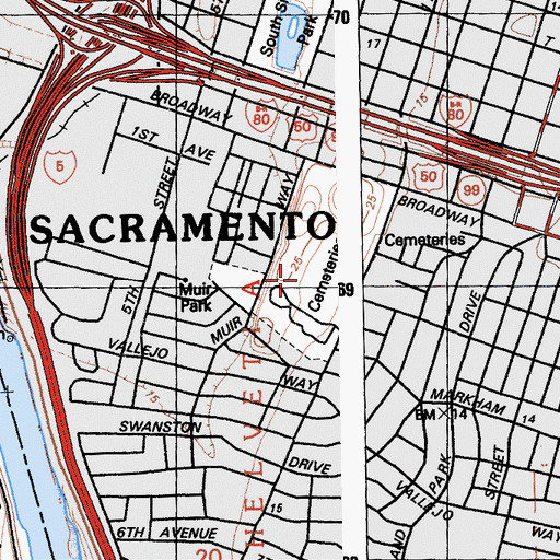 Topographic Map of Masonic Lawn Cemetery, CA