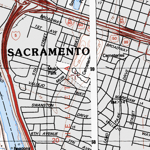 Topographic Map of Odd Fellows Lawn Cemetery, CA