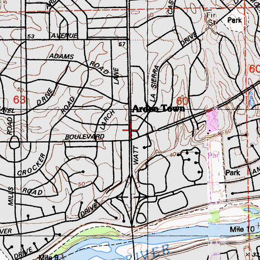 Topographic Map of Arden Town Shopping Center, CA