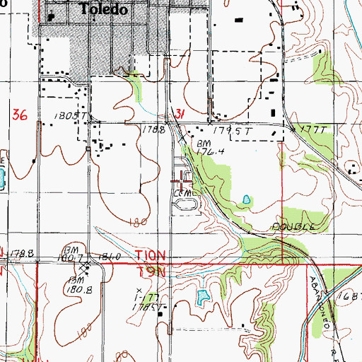 Topographic Map of Toledo Cemetery, IL