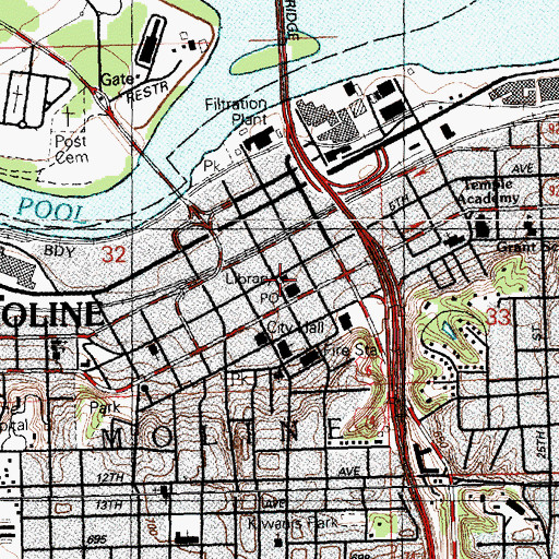 Topographic Map of Moline Public Library, IL