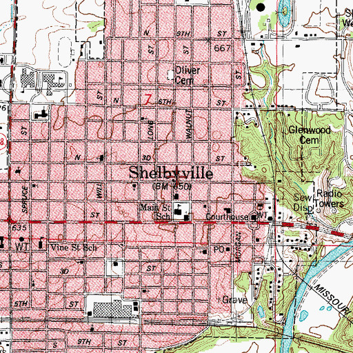 Topographic Map of Shelbyville Historic District, IL