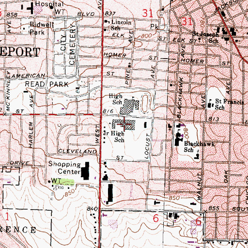 Topographic Map of Freeport Junior High School, IL