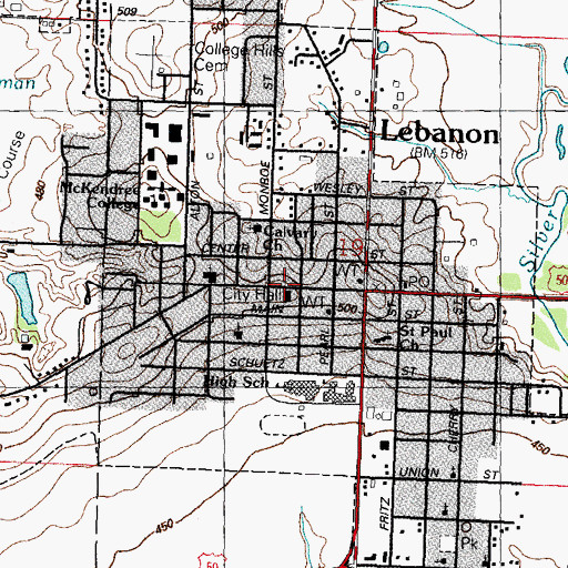 Topographic Map of Lebanon City Hall, IL