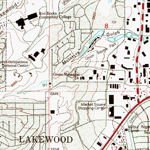 Topographic Map of Green Mountain United Methodist Church, CO
