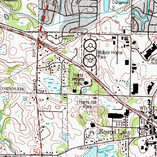 Topographic Map of Harts Woods Park, IL