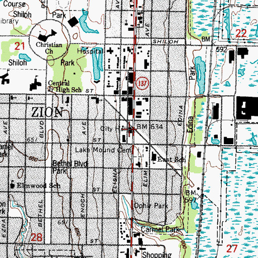 Topographic Map of Zion City Hall, IL