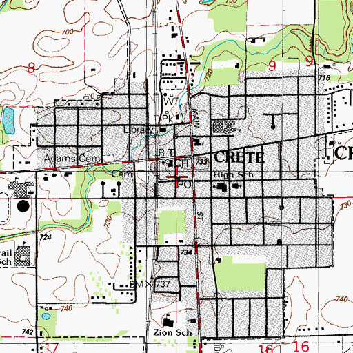 Topographic Map of Crete Post Office, IL