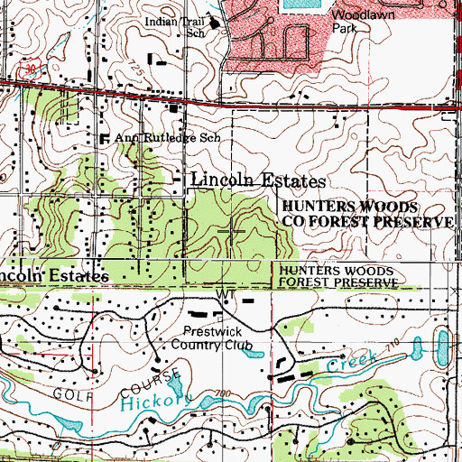 Topographic Map of Hunters Woods County Forest Preserve, IL