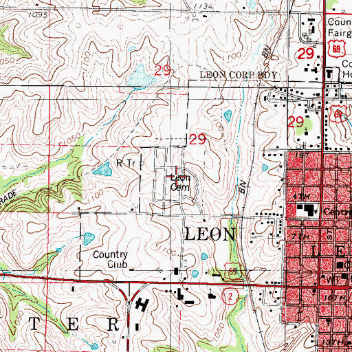 Topographic Map of Leon Cemetery, IA