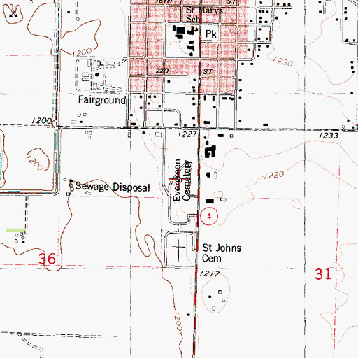 Topographic Map of Evergreen Cemetery, IA