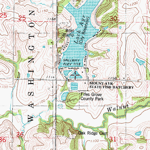 Topographic Map of Mount Ayr State Fish Hatchery, IA