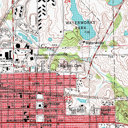 Topographic Map of Evergreen Cemetery, IA