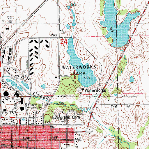 Topographic Map of Waterworks Park, IA