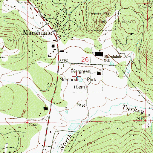 Topographic Map of Evergreen Memorial Park Cemetery, CO