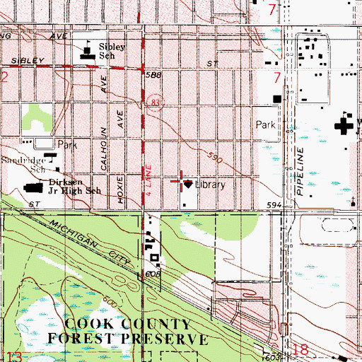 Topographic Map of Calumet City Public Library, IL