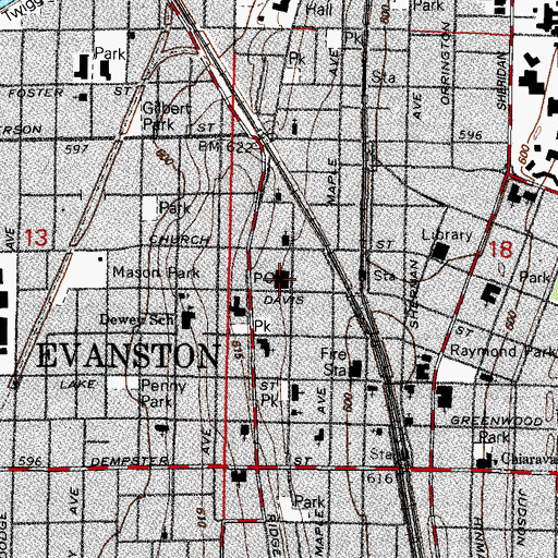 Topographic Map of Evanston Post Office, IL