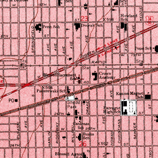 Topographic Map of Blessed Sacrament/Our Lady of Lourdes School (historical), IL