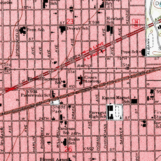Topographic Map of Crown Community Academy, IL