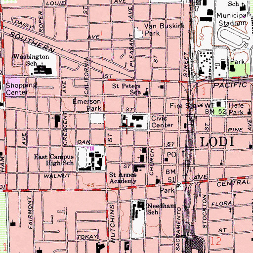 Topographic Map of Lodi City Hall, CA