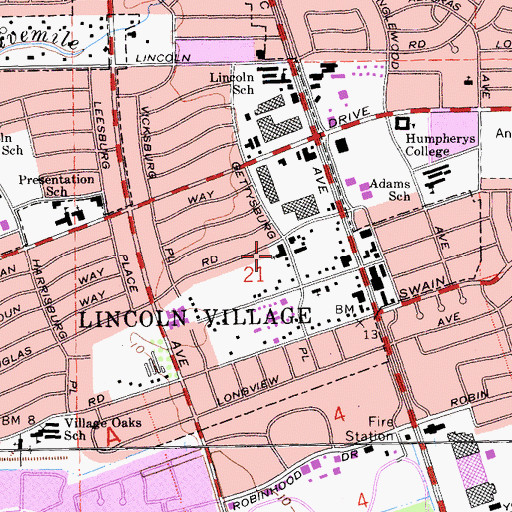 Topographic Map of Lincoln Presbyterian Church, CA