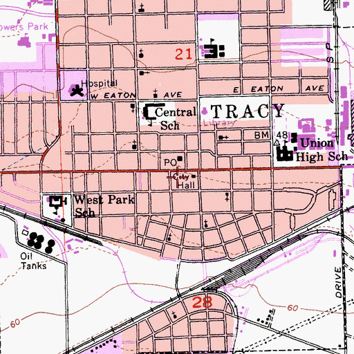 Topographic Map of Tracy City Hall, CA