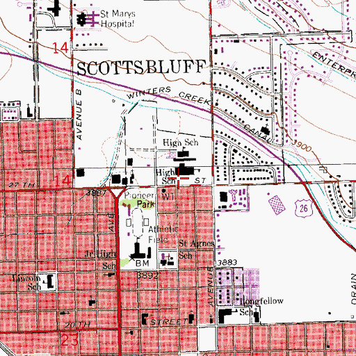 Topographic Map of Scottsbluff Senior High School, NE