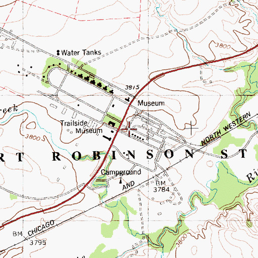 Topographic Map of Fort Robinson and the Railroad Historical Marker, NE