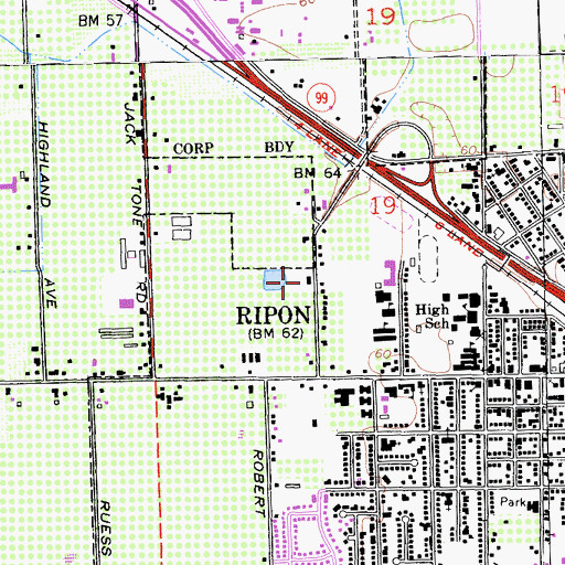 Topographic Map of Ripon City Hall, CA