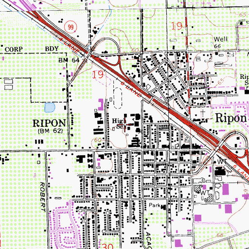 Topographic Map of Ripon High School, CA