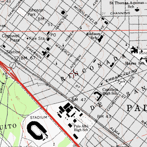 Topographic Map of Professorville Historic District, CA