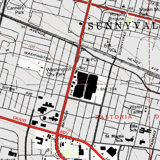 Topographic Map of Sunnyvale Town Center Shopping Center, CA