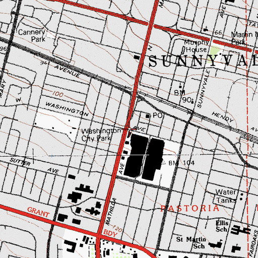 Topographic Map of Town and Country Village Shopping Center, CA