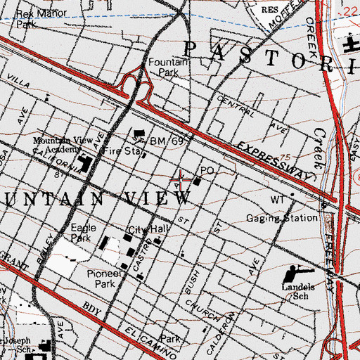 Topographic Map of Mountain View Post Office, CA