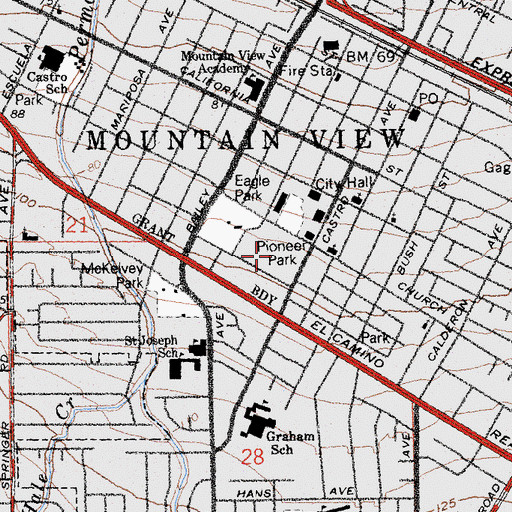 Topographic Map of Mountain View High School (historical), CA